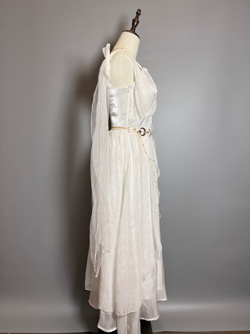 White Fantasy Tulle Dress with Draped Sleeves and Celestial Belt – Greek Goddess Dress Plus Size
